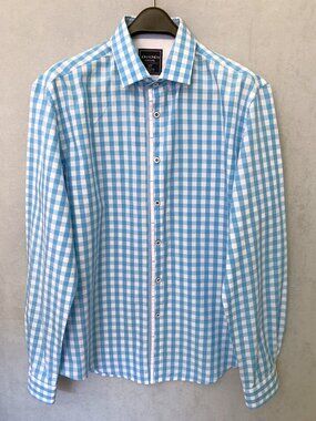 Jon Sonen Casual 100% Cotton Blue Check Dress Shirt | Size Large